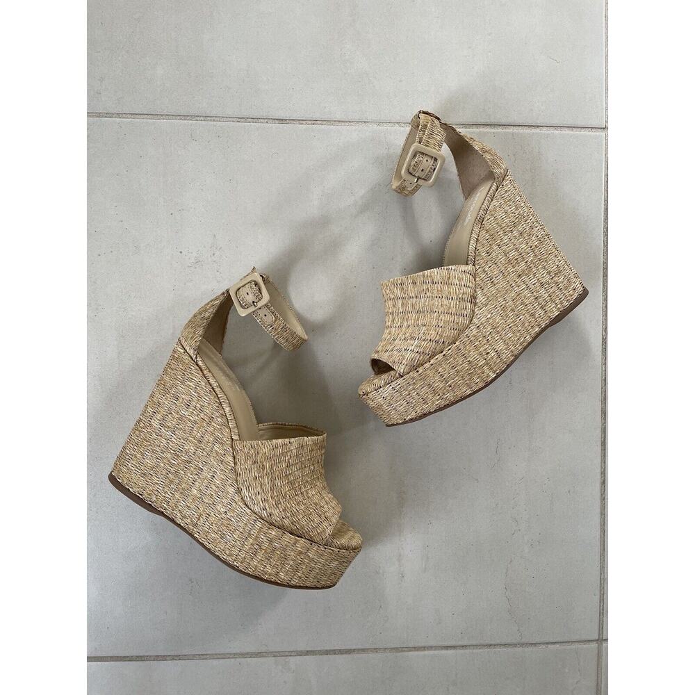 Larroude x Jennifer Fisher Strappy Sandals Wedge Raffia Sepia NWOB